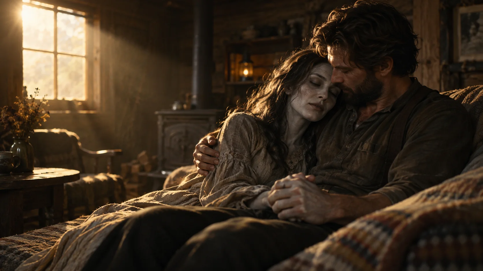 Original AI illustration of a man embracing his zombie partner beside a warm cabin window