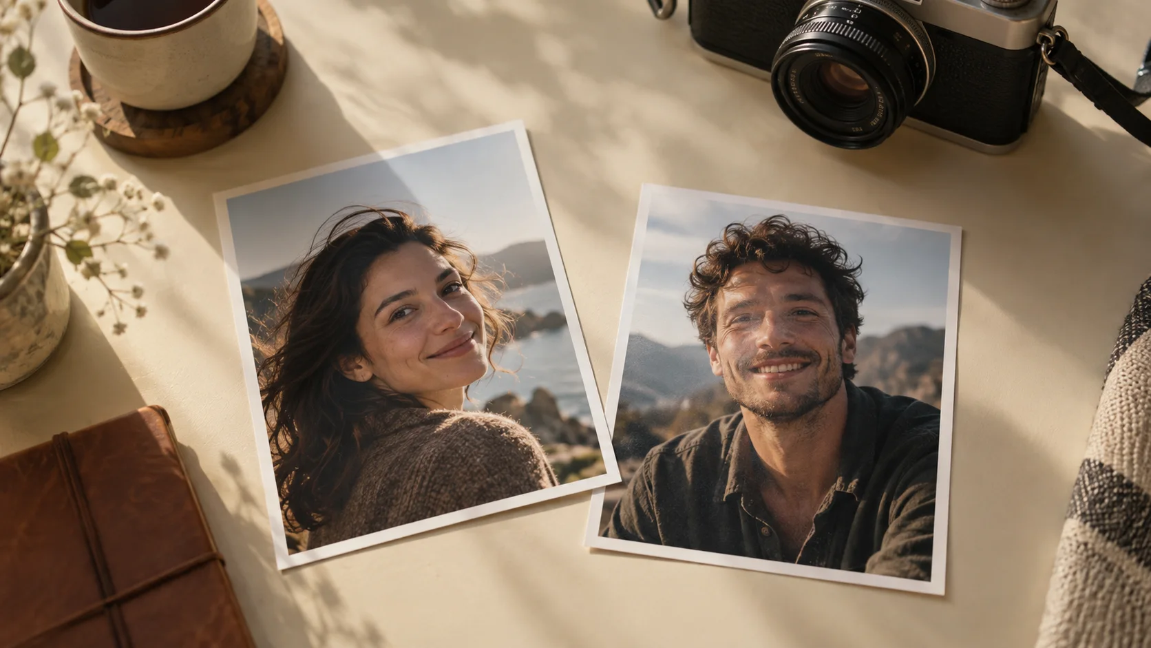 Original AI illustration of two separate individual portrait prints on a sunlit desk