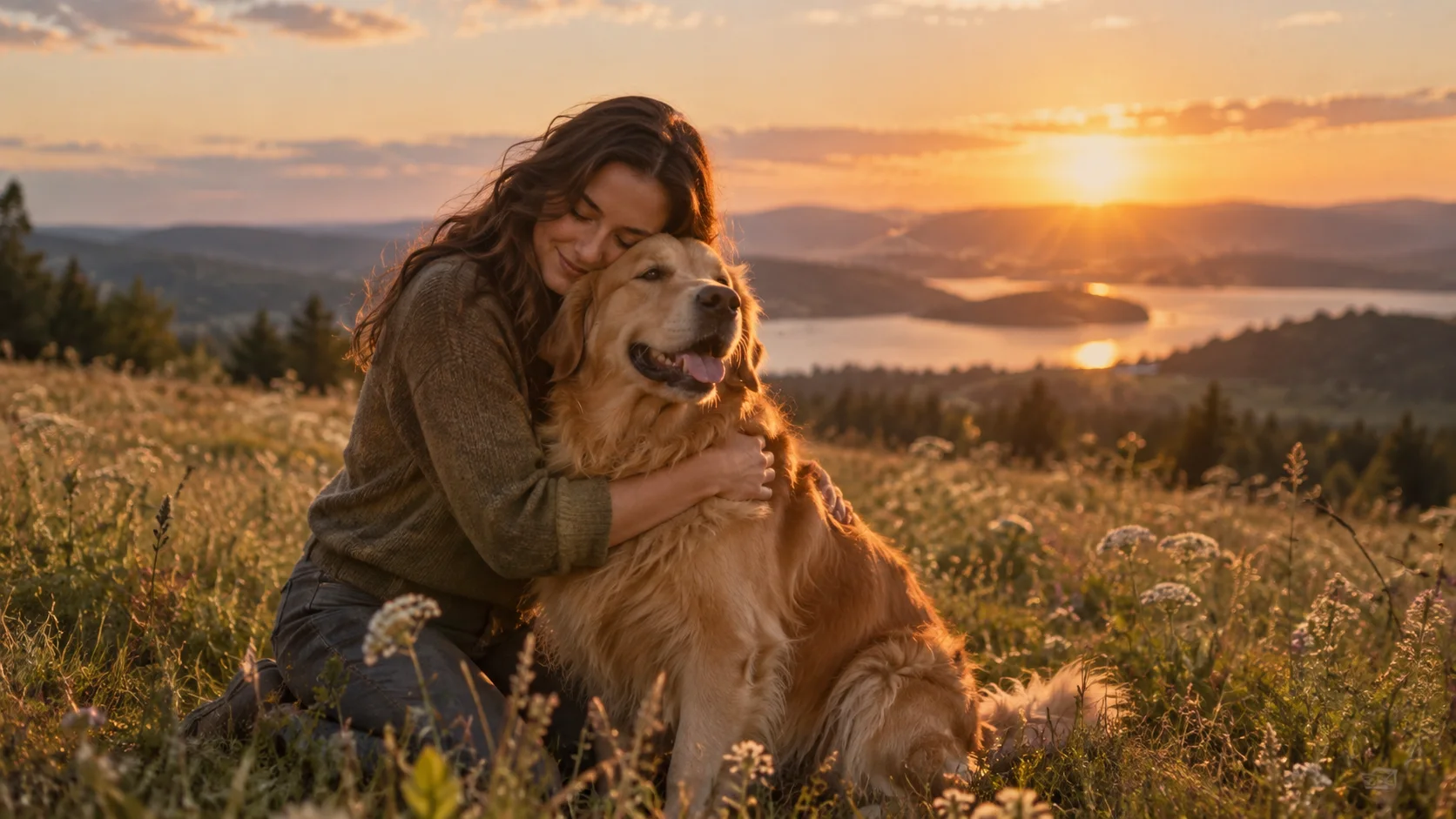 Original AI illustration of an adult woman hugging a golden retriever at sunset